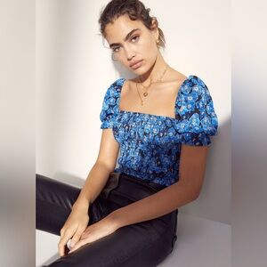 Blue Floral Puff-Sleeve Square Neck Top
